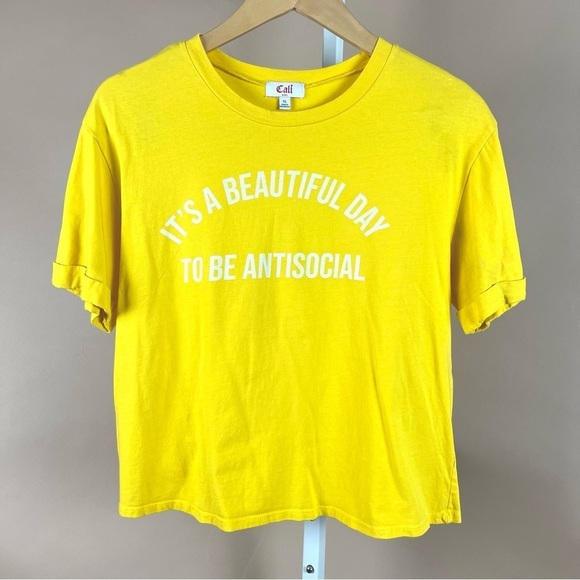 Cali It's A Beautiful Day Antisocial XL Bright Yellow Graphic Crop Tee Quote - Picture 1 of 4